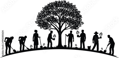 Silhouette of people planting trees and gardening around a large leafy tree for environmental conservation and reforestation by flavector
