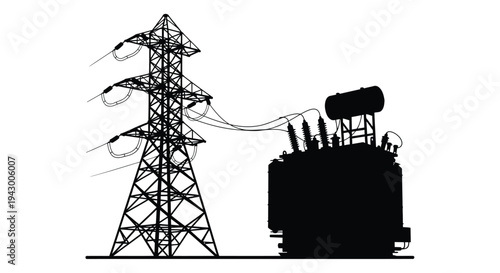 Electrical power infrastructure with transmission tower and transformer silhouette