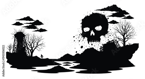 Dark landscape with a skull and industrial elements black silhouette