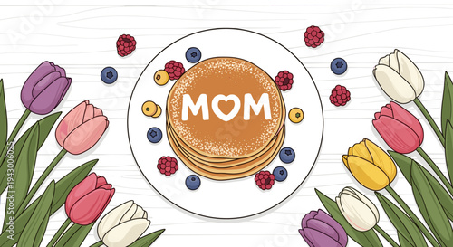 A delightful illustration featuring pancakes topped with berries, surrounded by colorful tulips, in a modern, flat style