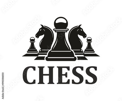 Chess board game club contest monochrome icon or label. Chessboard strategy symbol, board game club vector sign. Business competition icon with pawns and two knights, symbolizing teamwork and strategy