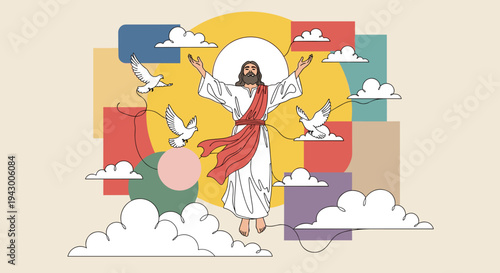 Illustration of a serene figure with outstretched arms, surrounded by clouds and doves in a modern, colorful style
