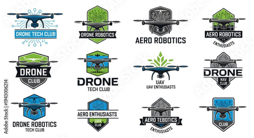 Collection of drone logos and emblems for technology companies.
