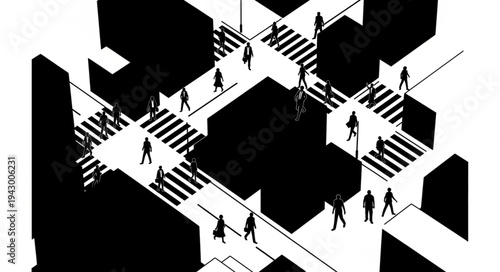 Abstract illustration of city intersection with pedestrians crossing.
