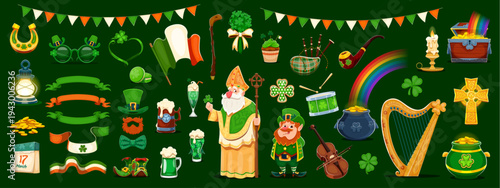 Happy St Patrick's day characters and symbols. Saint Patrick holiday cartoon vector items. Leprechaun character, ribbons and garland, clover leaf, pot and chest with gold, music instruments, sweets
