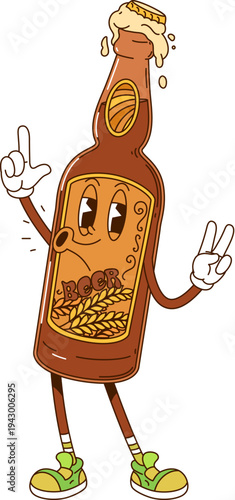 Retro cartoon groovy beer bottle drink characters. Brewery beverage hippie vector personage, alcohol drink retro groovy mascot. Opened glass bottle of foaming fresh beer or ale funky character