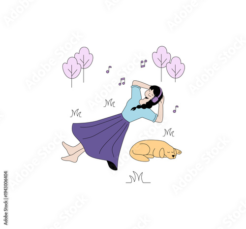 Relaxing in Nature Listening to Music Vector Illustration