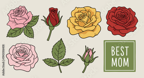 A collection of beautifully illustrated roses in various colors and styles, featuring a modern, flat design. Ideal for Mother's Day