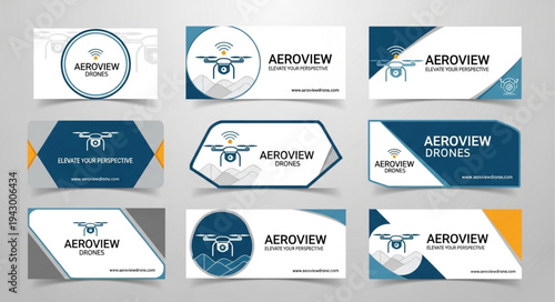 Set of nine modern business card designs for drone company.