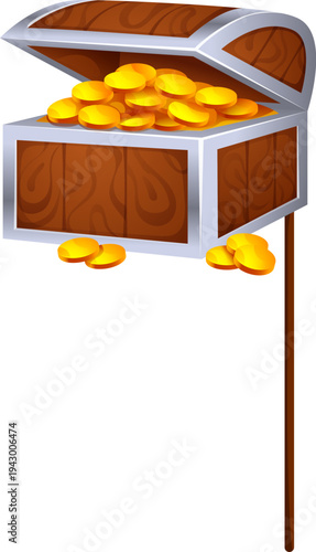 Cartoon pirate treasure chest photo booth mask. Pirate skipper party costume element, buccaneer or privateer sailor carnival vector mask. Filibuster photo booth prop with golden coins in opened chest