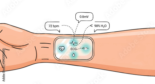 Smartwatch on wrist with ECG and health metrics display