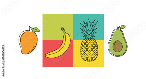 Collection of tropical fruits including mango banana pineapple and avocado on a colorful four square grid background.