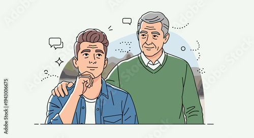 Two men, one younger and one older, smiling together in a minimalist, modern illustration style