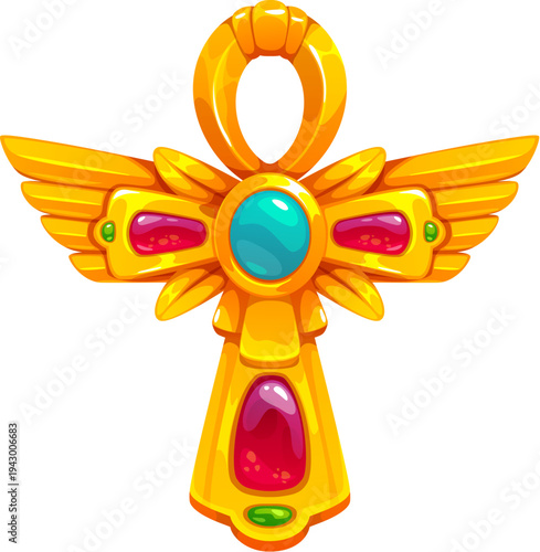 Cartoon Egypt Ankh cross amulet with wings and glowing gemstones. Vector Egypt game icon asset, ancient Egyptian treasure, mystical artifact. Fantasy relic of mythology and historic ceremonial culture