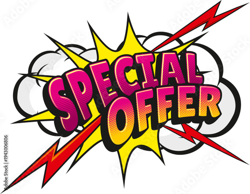 Special offer sale comic speech bubble pop art sticker. Sale comic bubble sticker, price off splash text box vector label. Sale offer speech balloon tag with typography and explosion blast effect