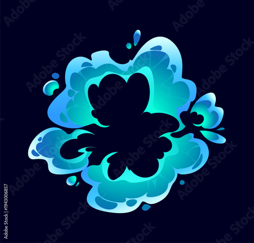 Cartoon water splash of blue flow wave or explosion swirl, vector pour spill. Cartoon water splash of fountain jet or liquid blast explode with drops splatter for fresh drink or beverage flow