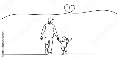 Continuous Line Art of Father and Daughter Walking Together with Heart Symbol