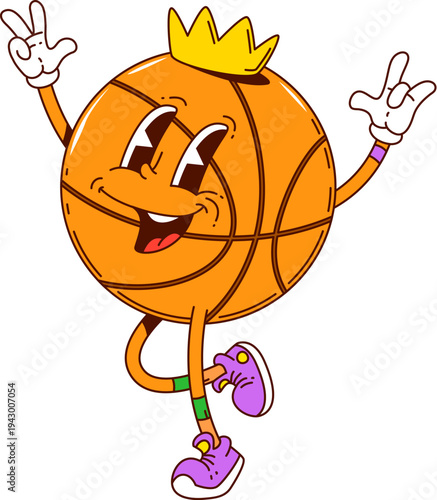 Cartoon funky groovy basketball ball character with a crown, isolated vector sport team mascot personage with a cheerful grin, cheerfully dancing with peace signs, spreading joy and energetic vibes