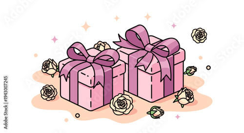 Two beautifully wrapped pink gift boxes adorned with bows and surrounded by roses in a flat design style