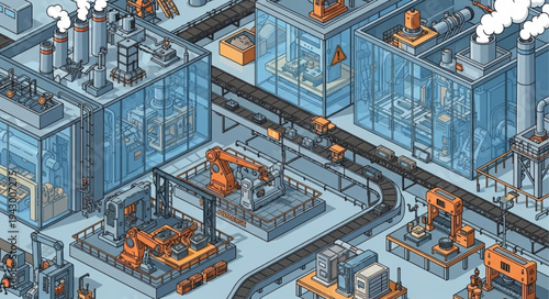Industrial Factory with Robots and Machinery.