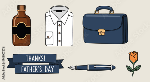 A collection of Father's Day themed illustrations including a shirt, briefcase, bottle, pen, and rose in a modern style