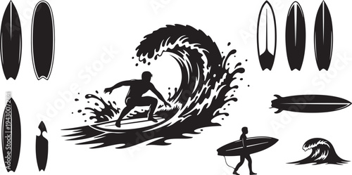Surfer riding wave with various surfboard silhouettes illustration set