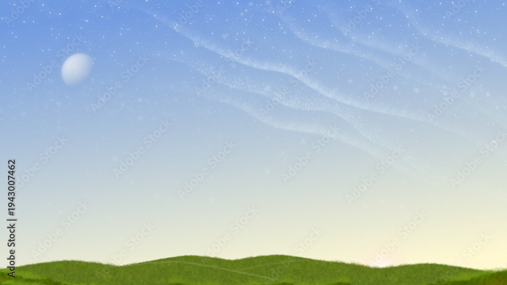 Obraz premium Dreamy spring landscape illustration featuring soft blue sky, gentle glowing stars, and flowing cloud textures above rolling green hills. 