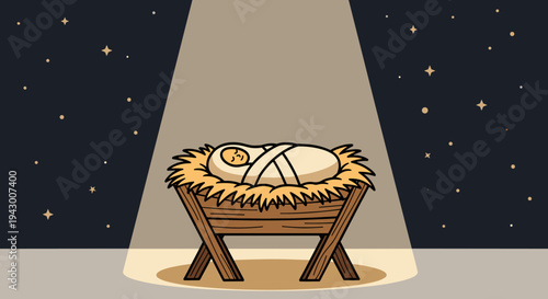 A serene illustration of a newborn in a manger, featuring a minimalist style with a night sky background