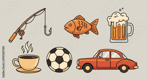 A colorful illustration featuring fishing gear, a fish, a beer mug, a coffee cup, a soccer ball, and a vintage car in a flat style