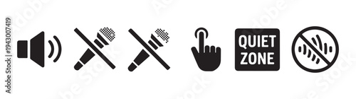 Audio control icon set including speaker, muted microphone, touch, quiet zone, and no sound signs
