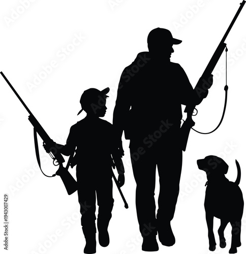 Father and son hunters with rifles and dog walking together silhouette vector illustration outdoor hunting tradition wildlife adventure