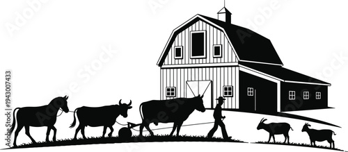 Farm barn silhouette with farmer leading livestock horse cow goats rural agriculture vector illustration countryside farming animals landscape scene