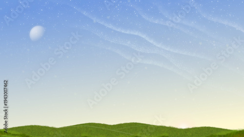Dreamy spring landscape illustration featuring soft blue sky, gentle glowing stars, and flowing cloud textures above rolling green hills. 