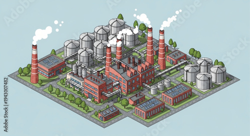 Industrial Factory with Smokestacks and Buildings.