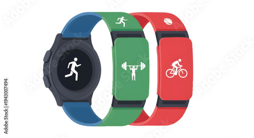 Fitness tracker with running, gym and cycling icons on colorful bands