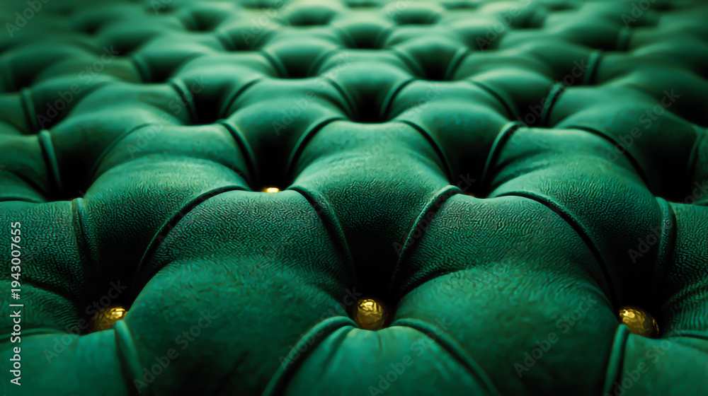 Fototapeta premium Closeup of a green velvet tufted sofa with button details on upholstery