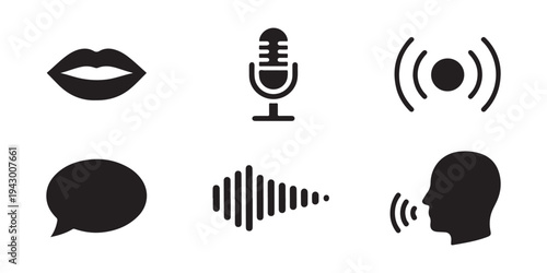 Lips microphone sound wave and speech bubble icons for voice and audio communication