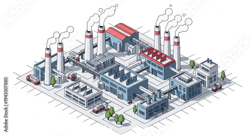 Industrial Factory with Smokestacks and Buildings.