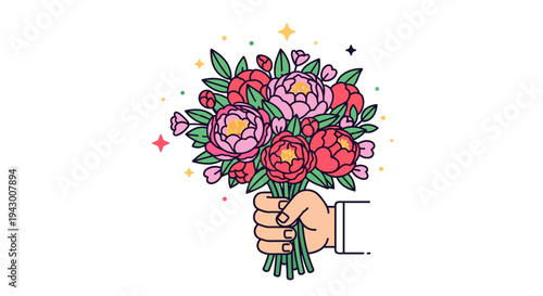 A vibrant bouquet of flowers held in a hand, featuring colorful blossoms in a modern flat style