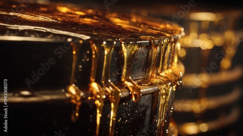 Macro shot of thick golden oil or honey slowly dripping down the side of a dark textured industrial barrel with beautiful bokeh highlights.
