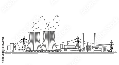 Industrial Factory with Smokestacks and Buildings.