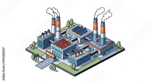 Industrial Factory with Smokestacks and Buildings.