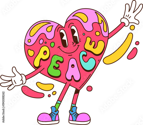 Cartoon groovy hippie funky heart trippy character with peace word and smile, captures an upbeat and happy vibe of love, positivity and fun. Isolated vector cute Valentines day heart retro personage