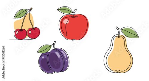 Minimalist fruit illustrations of cherries apple plums and pear in a continuous line drawing style with colors.