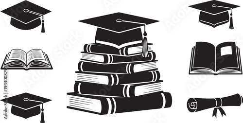 Graduation caps and books education symbol vector illustration set