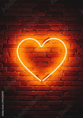 Bright orange glowing heart shape illuminates a dark textured brick wall surface