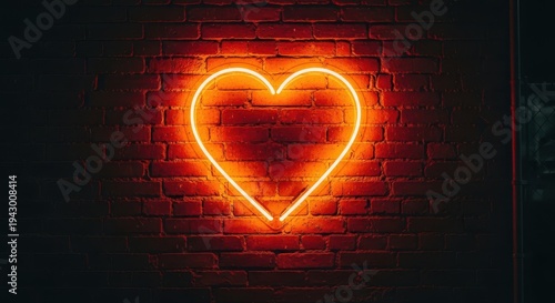 Glowing orange heart-shaped light illuminates a dark brick wall surface