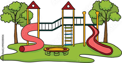 Vector illustration of a children's playground with slides and trees, Playground set with slides, ladder, and trampoline, cartoon style