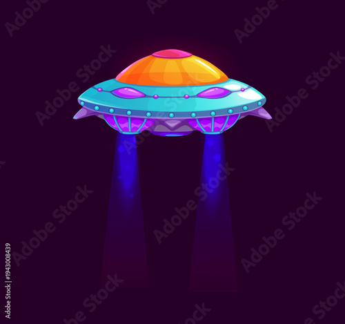 Cartoon UFO spaceship, vector flying object game icon in space with glowing energy beams. Futuristic alien saucer, extraterrestrial spaceship asset hovering with neon light, fantasy cosmic spacecraft