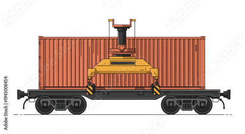 Industrial railway flatcar carrying a large red shipping container for freight transportation and logistics.